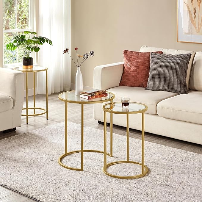 Yaheetech Round Nesting Side Table Stacking Coffee Table, Set of 2 Circular End Tables w/Metal Frame & Tempered Glass Top & Protective Foot Pads for Small Space Living Room Office, Mustard Gold