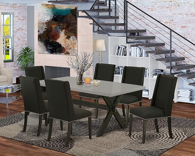 East West Furniture X697FL624-7 7 Piece Dining Room Furniture Set Consist of a Rectangle Dining Table with X-Legs and 6 Black Linen Fabric Parsons Chairs, 40x72 Inch, Multi-Color