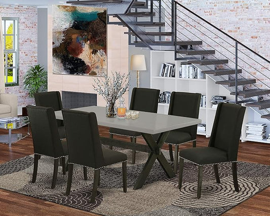 East West Furniture X697FL624-7 7 Piece Dining Room Furniture Set Consist of a Rectangle Dining Table with X-Legs and 6 Black Linen Fabric Parsons Chairs, 40x72 Inch, Multi-Color