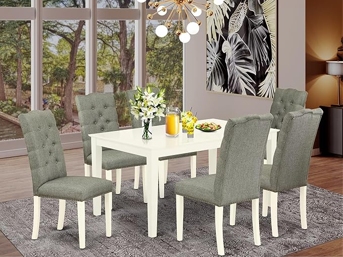 East West Furniture CAEL7-LWH-07 7 Piece Modern Dining Table Set Consist of a Rectangle Wooden Table and 6 Gray Linen Fabric Upholstered Chairs, 36x60 Inch, Linen White