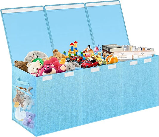 Extra Large Toy Box, Toy Box for Kids Boys Girls, Collapsible Sturdy Toy Storage Organizer with Mesh Pockets, 40"x14"x16" Kids Toy Chest Boxes Bins Baskets for Nursery, Playroom, Blue