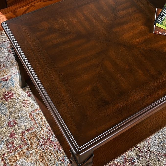 Solid Wood Coffee Table with Storage Shelf, Rectangle Coffee Table for Living Room, Mid-Century Living Room Table with Curved Legs, Large Countertop Cocktail Center Table, Cherry Walnut KFZ-DR200
