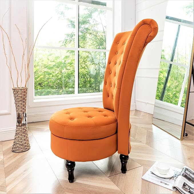 Container Furniture Direct Royal High-Back Velvet Accent Chair for Vanity with Storage and Luxurious Upholstery, Retro Design and Versatile Usage for Livingroom, Bedroom, Lounge and Office, Red Orange