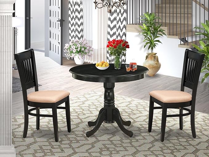 East West Furniture ANVA3-BLK-C 3 Piece Modern Dining Table Set Contains a Round Kitchen Table with Pedestal and 2 Linen Fabric Dining Room Chairs, 36x36 Inch, Black