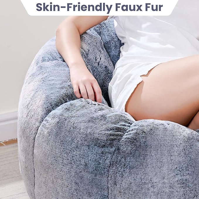 Bean Bag Chair with Filler, Faux Fur Comfy Chair with Petal Armrest Fluffy Lounge Chair for Bedroom, Living Room, Dorm, Game - Grey, Large, Low Support