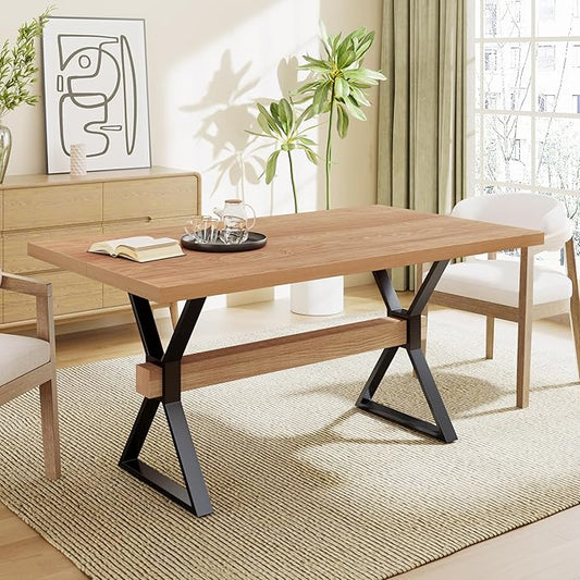Christopher Knight Home Keyats 63 Inch Dining Table for 6 People, Modern Farmhouse Kitchen Table with X-Shaped Metal Legs, Rectangular Dinner Furniture for Dining Room, Home Office, Natural