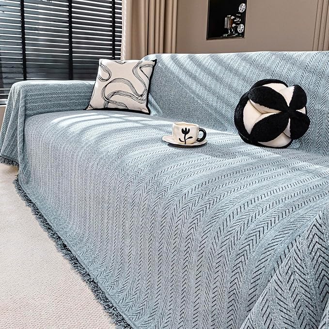 Nobildonna Sofa Cover Washable Soft Thicken Chenille Couch Cover with Tassel,Waterproof Sofa Slipcover for 3-4 Cushion Couch,Sectional Sofa,L-Shaped Furniture Protector Pet-Friendly,Dusty Blue71 x150
