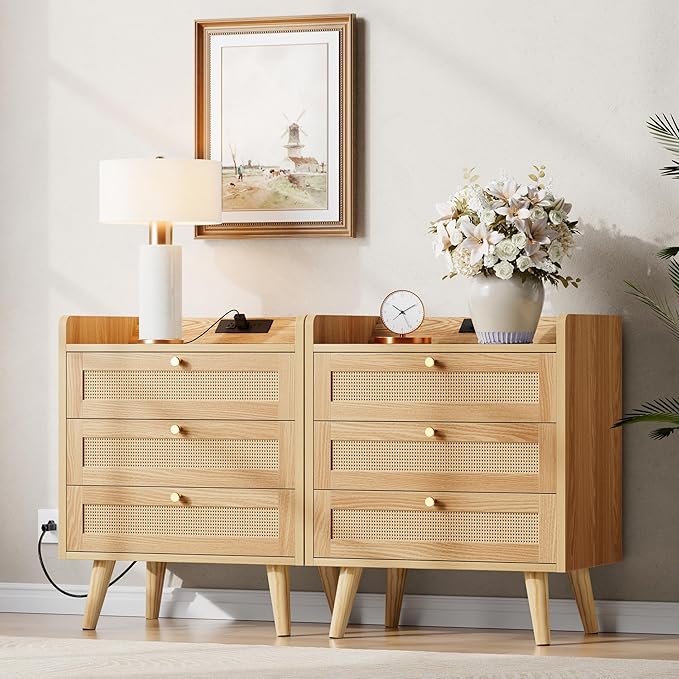 Rattan Nightstand with Charging Station, Night Stand with 3 Large Drawers, Side Table with USB Ports and Outlets, Bedside End Table for Bedroom