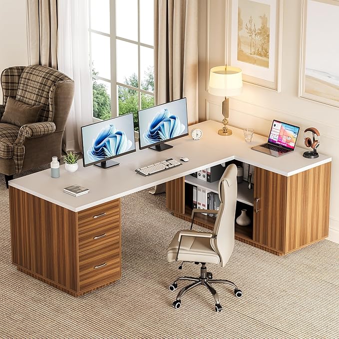 LITTLE TREE 87-Inch Modern Executive Desk with File Cabinet, Large Home Office Desk with Drawers, 3-Drawer Wooden File Cabinet, Spacious Workstation for Home Office (White & Brown)