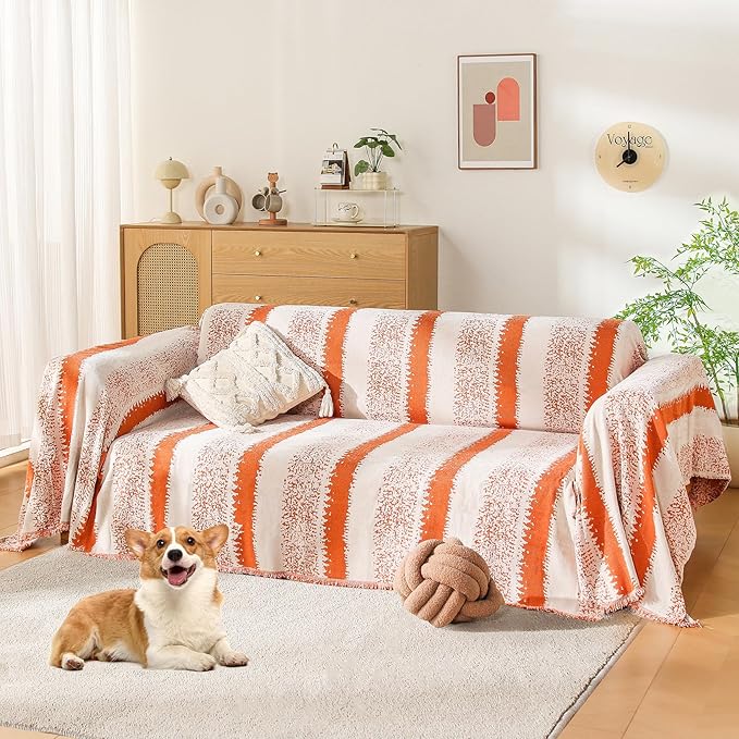 Boho Sofa Cover, Couch Covers for 3 Cushion Couch Sofa Pet Friendly, Sofa Cover Washable, Soft Chenille Living Room Couch Covers Slipcover, Pet Furniture Protecto (1# Orange, 71" x 150")
