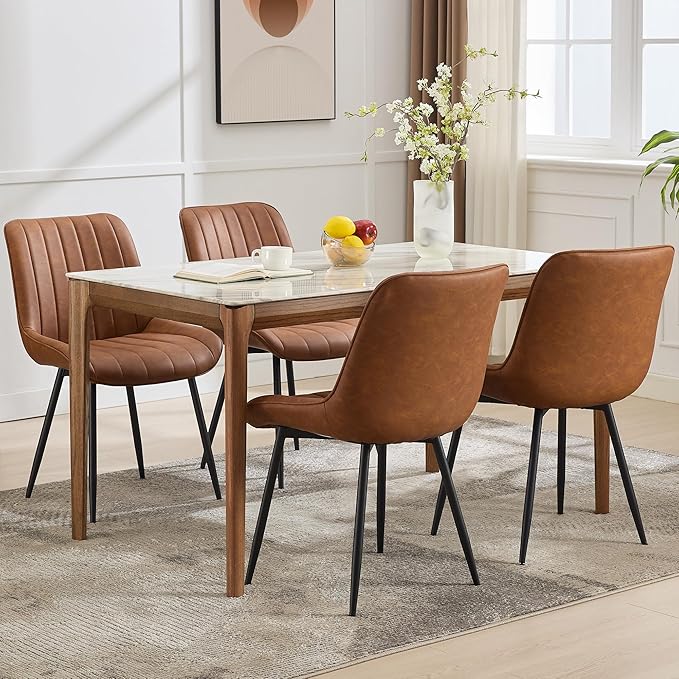 Dining Chairs Set of 2, Upholstered PU Leather Kitchen & Dining Chairs with Whale Backrest,Chair with Padded Seat and Metal Legs for Restaurant/Cafe