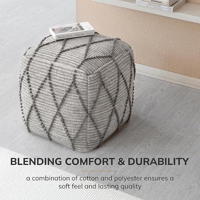 Anji Mountain 100% Handmade & Handcrafted Comfortable Home Décor Pouf Ottoman Footrest for Living Room, Bedroom, Nursery, Kidsroom, Patio Furniture - (19" x 19" x 17"- Warm Gray)