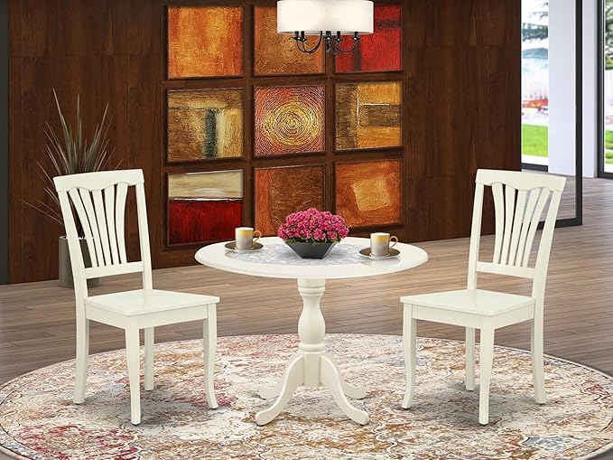 East West Furniture DMAV3-LWH-W 3 Piece Dining Room Table Set Contains a Round Dining Table with Dropleaf and 2 Wood Seat Chairs, 42x42 Inch, Linen White