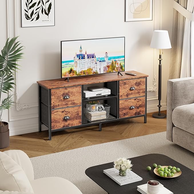 Furologee TV Stand with 4 Drawers, 43 Inch Entertainment Center with Open Shelves, Media Console Table for 50" TV, Television Stand for Bedroom, Living Room/Rustic Brown