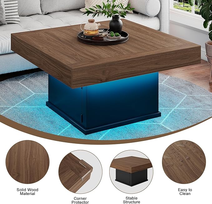 LED Coffee Tables for Living Room, Farmhouse Wood Coffee Table, 33.5" Square Coffee Table with Storage, Large Vintage Brown Center Table, Living Room Tables Cocktail Table (Vintage Brown)