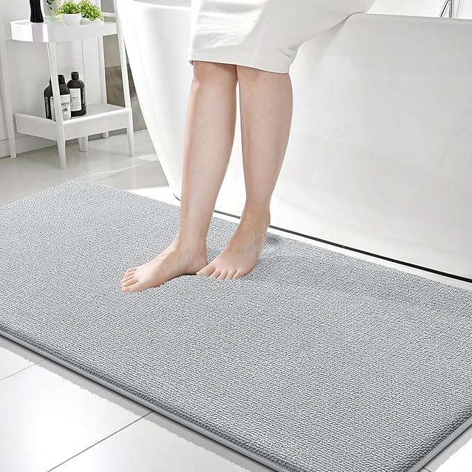 OLANLY Thick Memory Foam Bath Mat Rug 59x24, Extra Soft Absorbent Bathroom Rug, Quick Dry Bath Mats, Non-Slip, Machine Washable Carpet for Bathroom, Tub and Shower, Home Decor Accessories, Light Grey