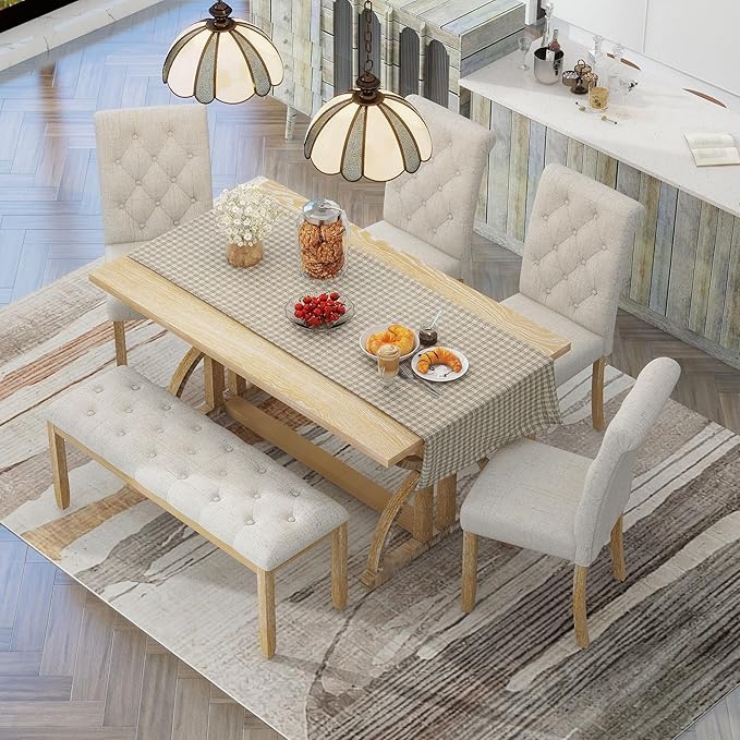 SogesPower 6-Piece Dining Table Set, Rectangular Farmhouse Kitchen Dining Table Set with 4 Upholstered Chairs & 1 Bench, Retro Kitchen Table Set for 4-6 for Dining Room Living Room,Natural Wood Wash