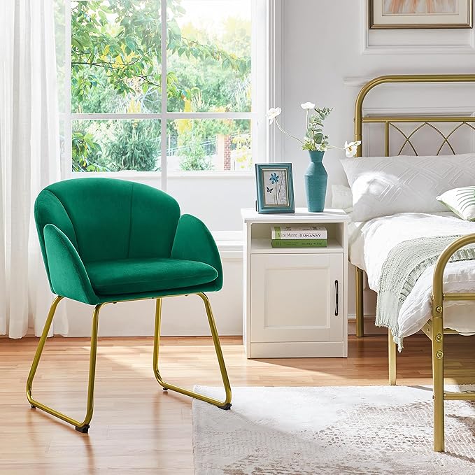 Yaheetech Flower Velvet Vanity Chair, Modern Side Chair Armchair with Golden Metal Legs for Living Room/Dressing Room/Bedroom/Home Office/Kitchen, Green