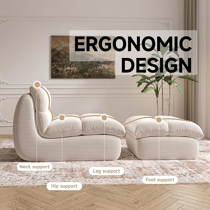 Bean Bag Chair with Ottoman, Cozy Comfy Reading Nook Chairs, Ultra Soft Corduroy Fabric Bean Bag Chairs for Adults, Reading Chair with Ottoman for Living Room, Bedroom Apartment (Beige)