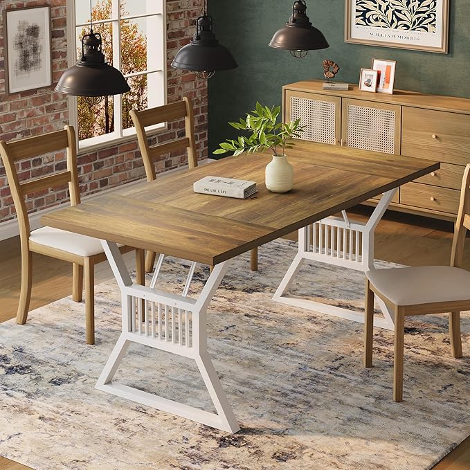 GarveeHome 70.8 Inch Dining Table 4-6 Person, Kitchen Table with Heavy Duty Metal Legs, Farmhouse Dining Room Table for Kitchen, Living Room