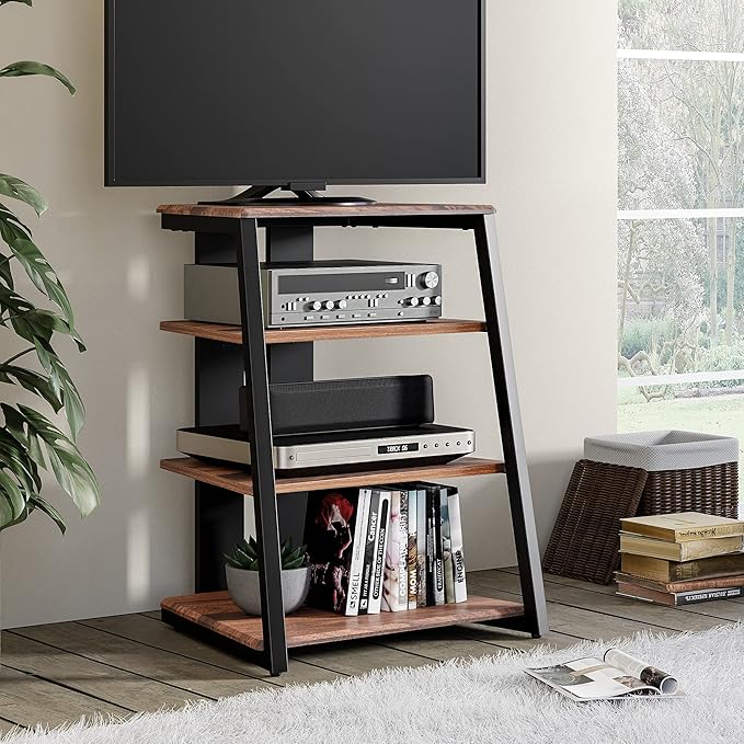 FITUEYES Design 4-Tier AV Media Stand Corner Shelf for Record Player Wooden Stereo Cabinet Audio Rack Tower with Height Adjustable Wooden Shelves for ps4 (Walnut)