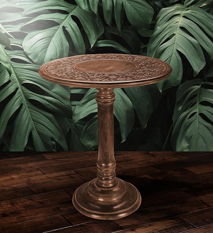 Wooden End Table for Living Room - 18x22 Burnt Finish Carved Side Table, Single Pillar Nightstand, Bedside Table for Books, Plants, Magazines, Small Space Accent Table