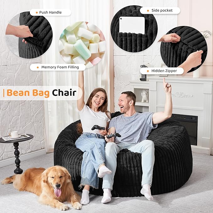 HABUTWAY 5FT Bean Bag Chair, 5' Large Bean Bag Chairs for Adults with Removable Stripe Plush Cover, Memory Foam Beanbag Chair for Living Room Bedroom Dorm (Black)