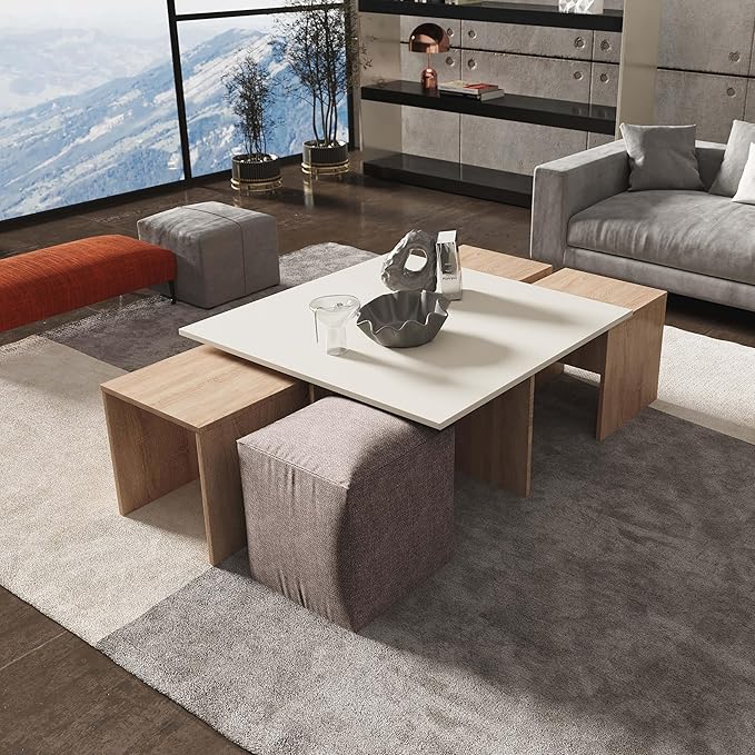 Manhattan Comfort Haley Mid Century Modern Coffee Table & Ottoman Set with Nested Design for Small Spaces, Versatile Living Room Furniture, Accent Decor, Natural and Nude