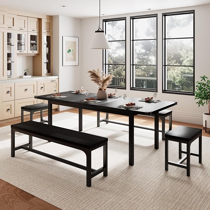 5-Piece Dining Table Set for 4-6, 63" Extendable Kitchen Table with 2 Benches & 2 Stools, Metal Frame & MDF Board, Farmhouse Space-Saving Dinette for Kitchen, Dining Room, Black