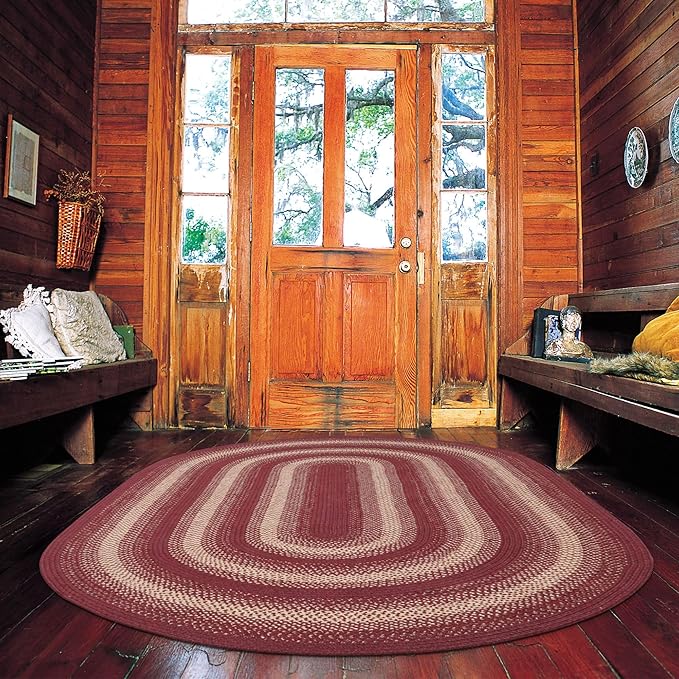 Homespice Autumn Maple Burgundy and Tan Oval Braided Rugs, Jute, 8x10' - Rustic Primitive Decor for Bedroom, Living Room, Everywhere