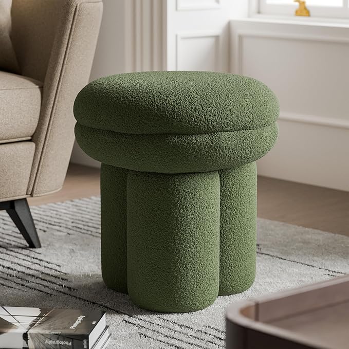 Furniture of America Rami Modern 18-inch Mushroom-Shape Upholstered Ottoman with Tri-Pillar Pedestal, Vanity Stool Chair, Small Foot Stool for Bedroom, Living Room, Entryway, Green