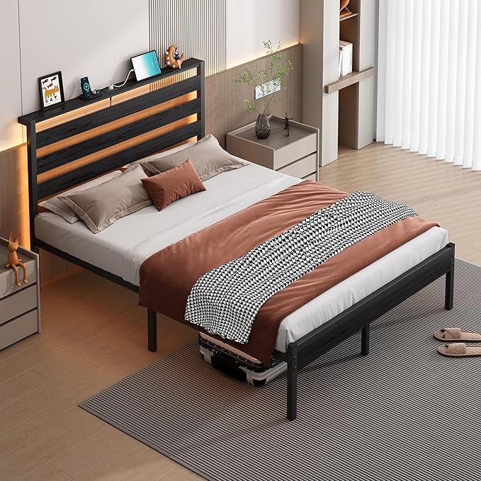 14 Inch Classic Metal Platform Bed Frame-Queen Bed Frame with Headboard,Steel Slats Support-LED Bed Frame with USB Charging Station,Under Bed Storage,No Box Spring Needed,Noise Free