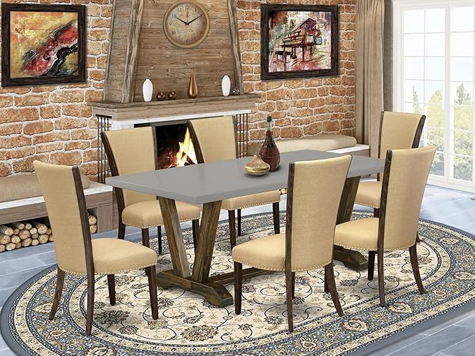 East West Furniture V797VE703-7 7 Piece Kitchen Table & Chairs Set Consist of a Rectangle Dining Room Table with V-Legs and 6 Brown Linen Fabric Upholstered Chairs, 40x72 Inch, Multi-Color