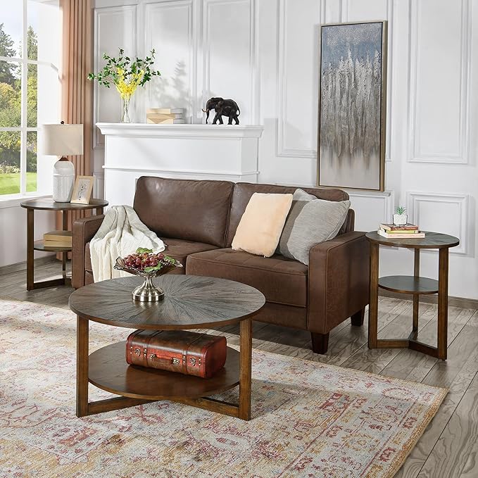 Large Round End Table with Storage Shelf, 25.2" Dia Rustic Beside Tables with Umbrella Top, Traditional Circular Sofa Side Table-,Telephone Table for Living Room Easy Assembly, Vintage Brown CJZ3338NC