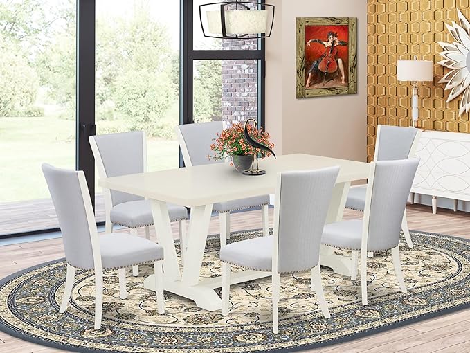 East West Furniture V027VE005-7 7 Piece Dining Set Consist of a Rectangle Dining Room Table with V-Legs and 6 Grey Linen Fabric Upholstered Parson Chairs, 40x72 Inch, Multi-Color