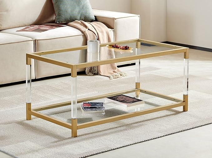 AGV LIGHTING 202205 BLEVIO Coffee Table, Modern Design Dual-Layer Coffee Table, Perfect for Living Space, Ultra-Clear Glass Top, Transparent Acrylic Leg & Gold Finish Metal Frame