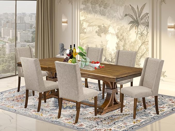 NEFL7-AWA-04-7-Piece Dining Table Set Includes a Rectangular Table and 6 Light Tan Linen Fabric Kitchen Chairs with Padded Chair Back - Antique Walnut Finish.