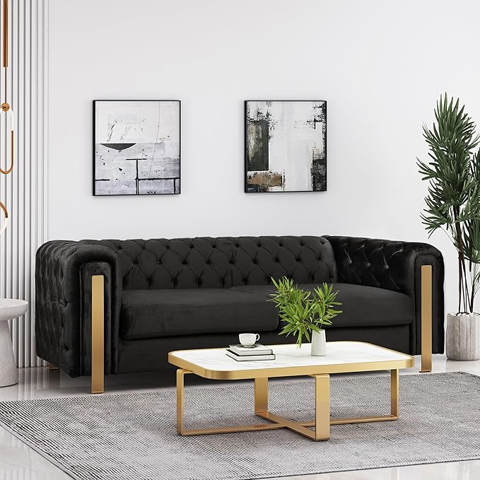 Merax Comfy 3-seat Sofa with Tufted Back and Arm and Gold Iron Legs, Modern Couch for Living Room, Bedroom, Apartment, Office, Black