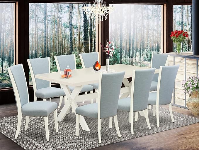 East West Furniture X027VE215-9 9 Piece Dining Room Table Set Includes a Rectangle Dining Table with X-Legs and 8 Baby Blue Linen Fabric Upholstered Parson Chairs, 40x72 Inch, Multi-Color