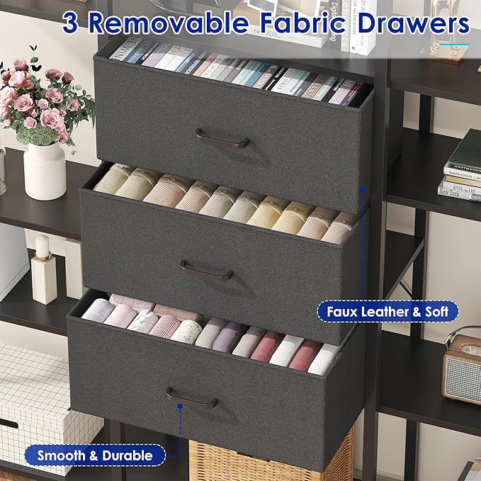 73.6" Tall Bookshelf with 3 Drawers and 16 Storage Shelves, Industrial Bookcase with 16 Open Display Shelves, Large Etagere Bookshelf, Triple Wide Book Shelf Book Case for Home & Office, Black