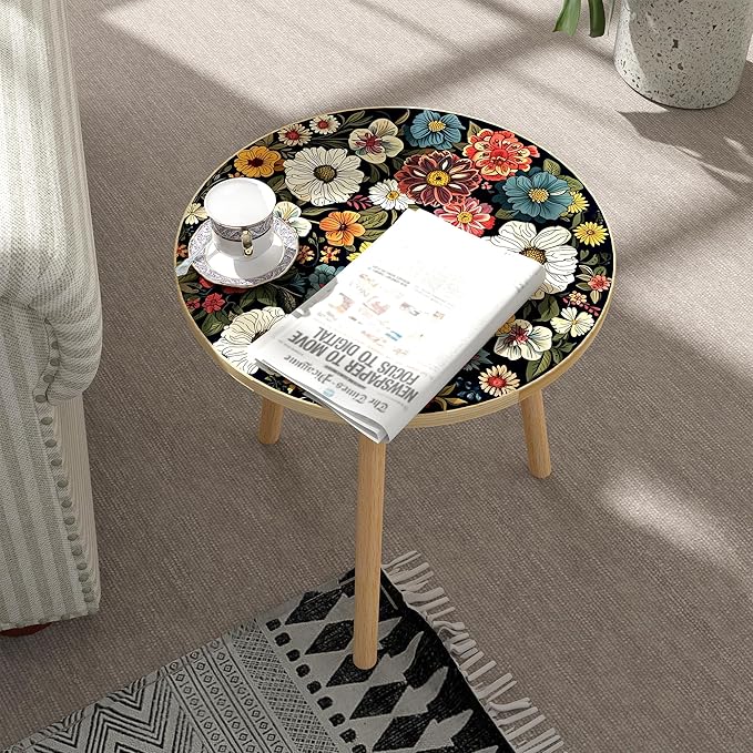 Mandala Round End Table, Small Side Table with Colorful Flowers Finish, Retro Modern Small Coffee Table for Balcony, Living Room(15.7" Dia. x 18.5" H, Colorful, Round)