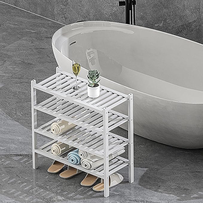 Shoe Rack 2-Tier Organizer-Stackable Storage Shelf with Multi-Function Combinations-Free Standing Bamboo Shoe Racks for Closet,Entryway,Hallway,Bathroom,Living Room Shoe Organization (White, 2-Tier)