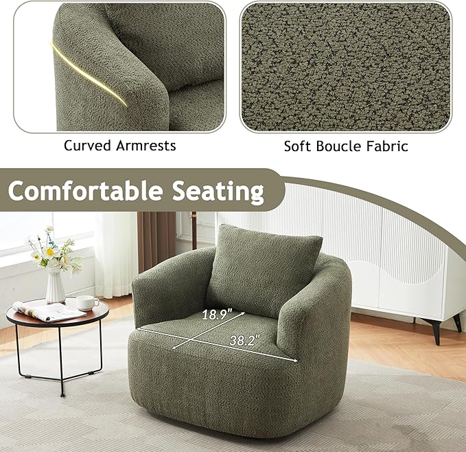 Merax Modern Cozy Chenille 360° Swivel Sofa Chair w/a Throw Pillow, 38.2" Upholstered Leisure Barrel Accent Armchair with Deep Seating for Living Room Bedroom,Office, Hotel, Easy Assemble, Green