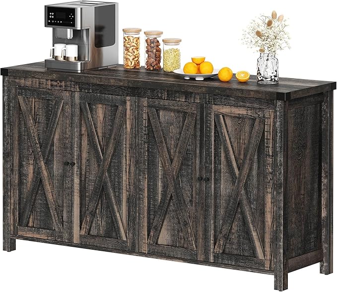 YITAHOME Farmhouse Sideboard Buffet Cabinet with Storage with 4 Doors, 55'' Large Kitchen Storage Cabinet, Wood Coffee Bar Cabinet with Adjustable Shelf for Kitchen, Living Room, Dark Oak