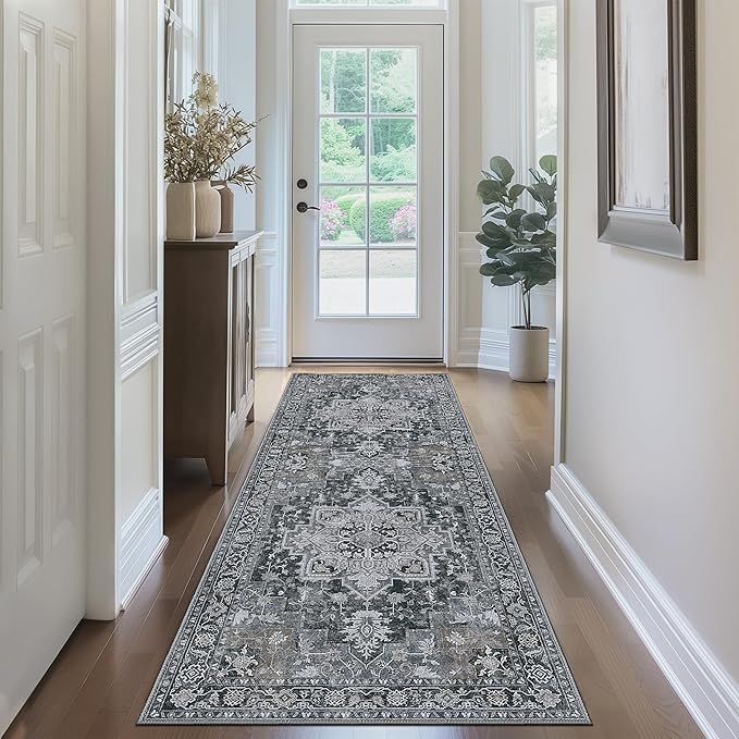 GENIMO 2x10 Runner Rugs for Hallway, Machine Washable Non Slip Vintage Rugs, Low Pile Lightweight Soft Print Rug for enrtyway, Corridor, Home Office, Kitchen,Dark Gray