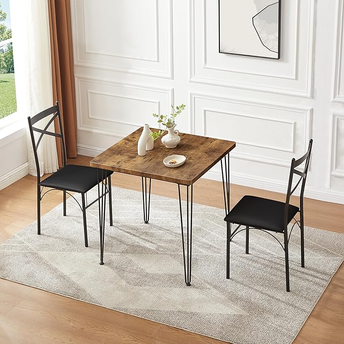 VECELO Kitchen Dining Room Table Set with 2 Chairs for Small Space, Apartment,Metal Steel Frame
