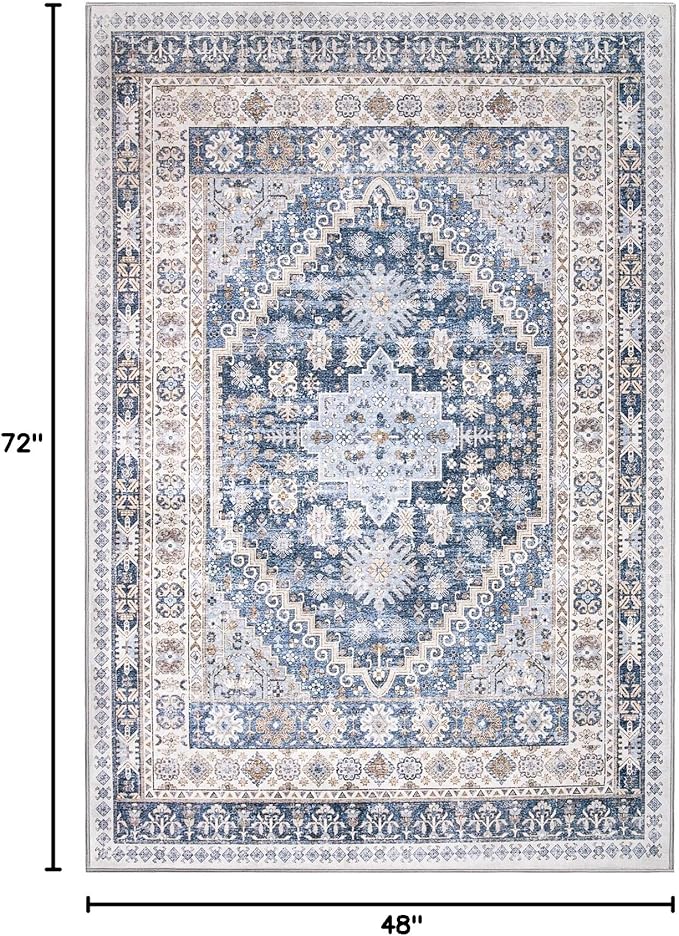 zesthome 4x6 Rug - Stain Resistant Washable Rug, Anti Slip Backing Rugs for Living Room, Foldable Vintage Small Area Rugs (Blue/Beige,4'x6')
