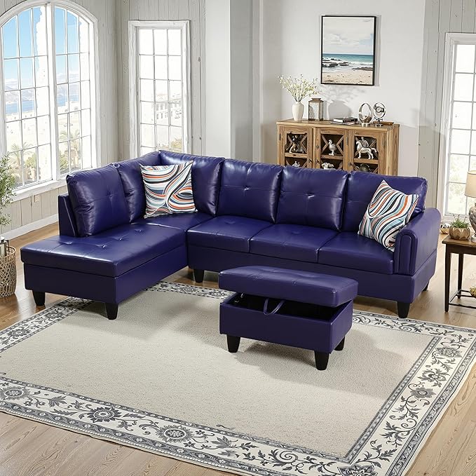 NicBex Sectional Couch 3 Pieces Sofa Set with Right Chaise Faux Leather L Shaped Cloud Couch for Living Room Furniture Sets with Storage Ottoman, Modular Sofa for Living Room & Apartment, Indigo