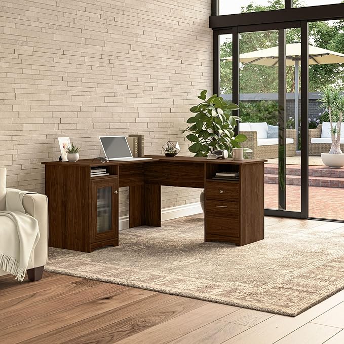 Bush Furniture Cabot L Shaped Computer Desk in Modern Walnut | Corner Table with Drawers for Home Office
