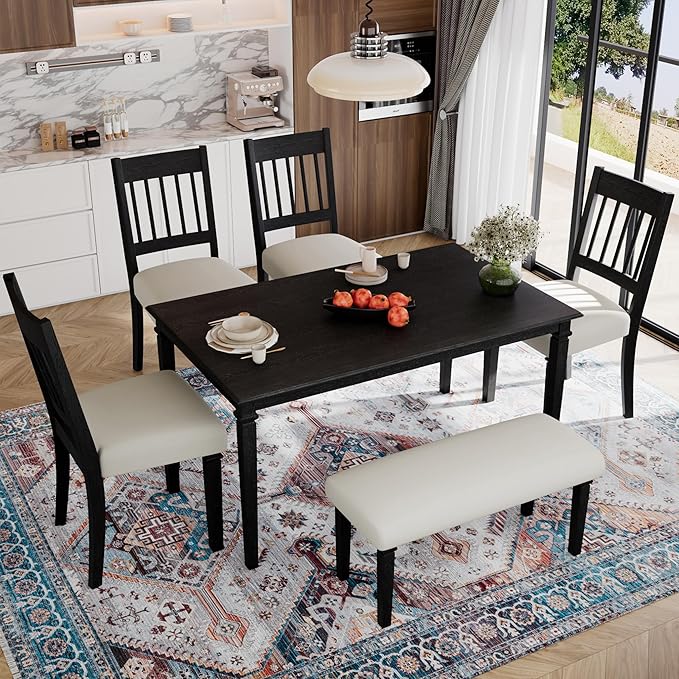 Merax 6-Piece Retro Dining Table Set, 6 Seats Wooden Rectangular Table, with 4 Chairs & 1 Bench for Kitchen Room, Classic Furniture, Dovetall Grey